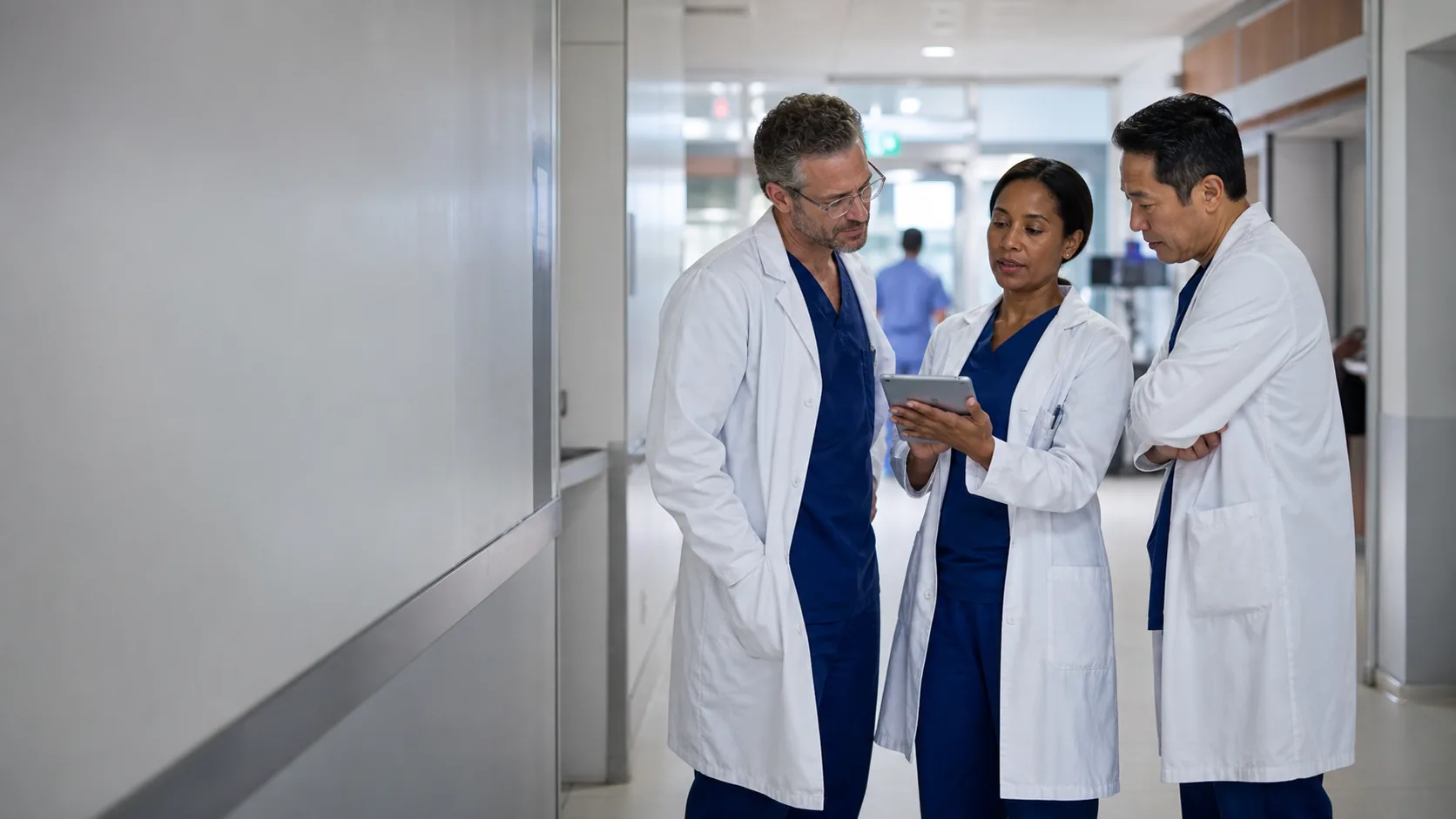 Representative editorial image of three experienced physicians reviewing a tablet in a hospital corridor