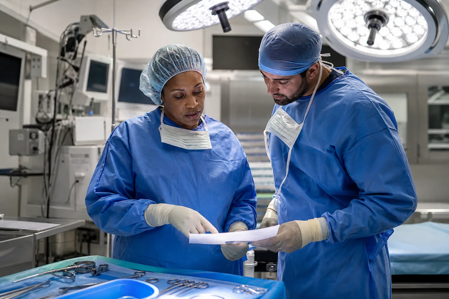 Illustrative editorial image of a Black woman surgeon and a clinical colleague reviewing an operating-room checklist